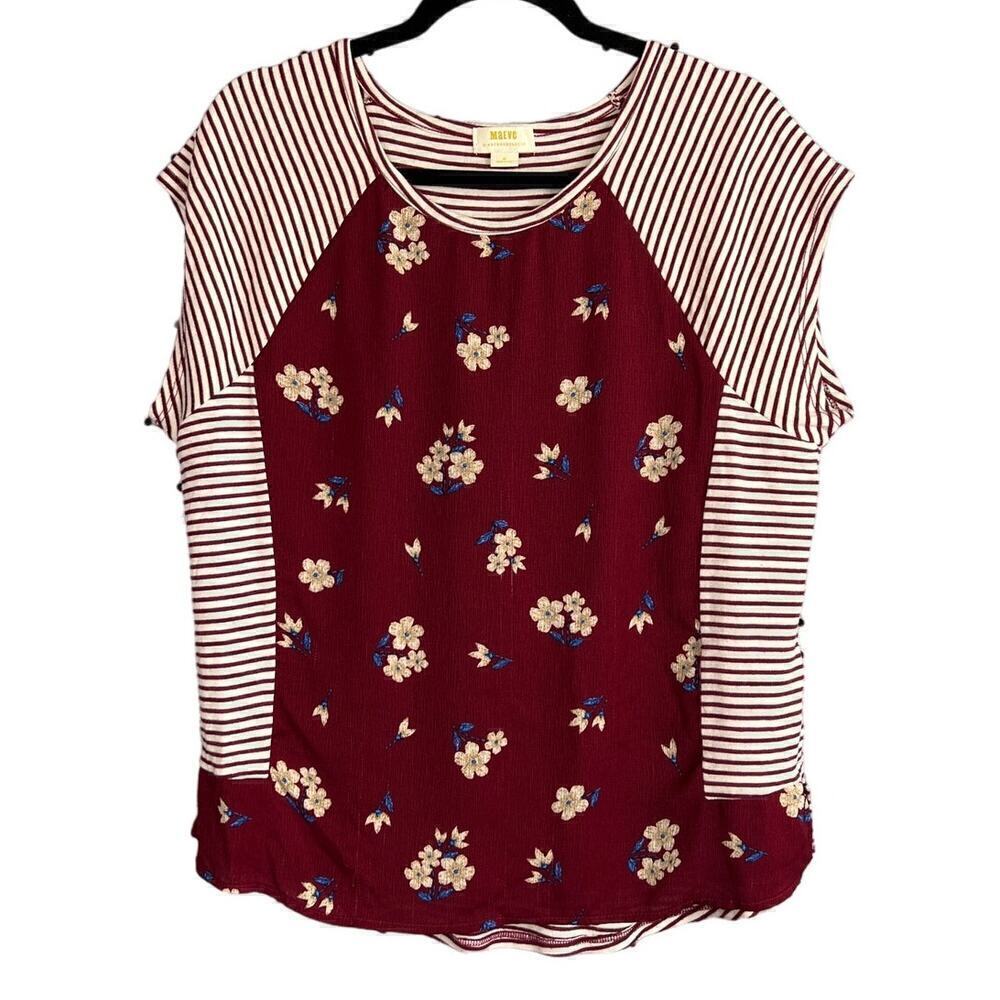 Mauve By Anthropologie Floral and Striped Cap Sleeve Blouse Size M